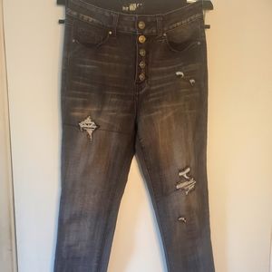 REWASH black distress jeans w/frayed hem at ankle